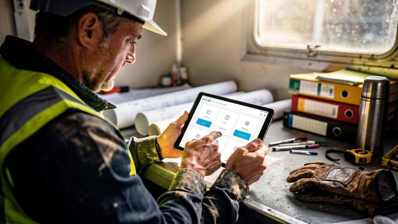 Project manager reviewing industrial website on tablet at job site