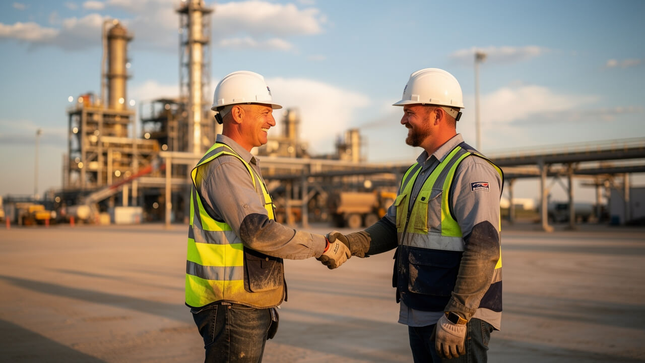 Industrial contractor and client shaking hands at completed Alberta project