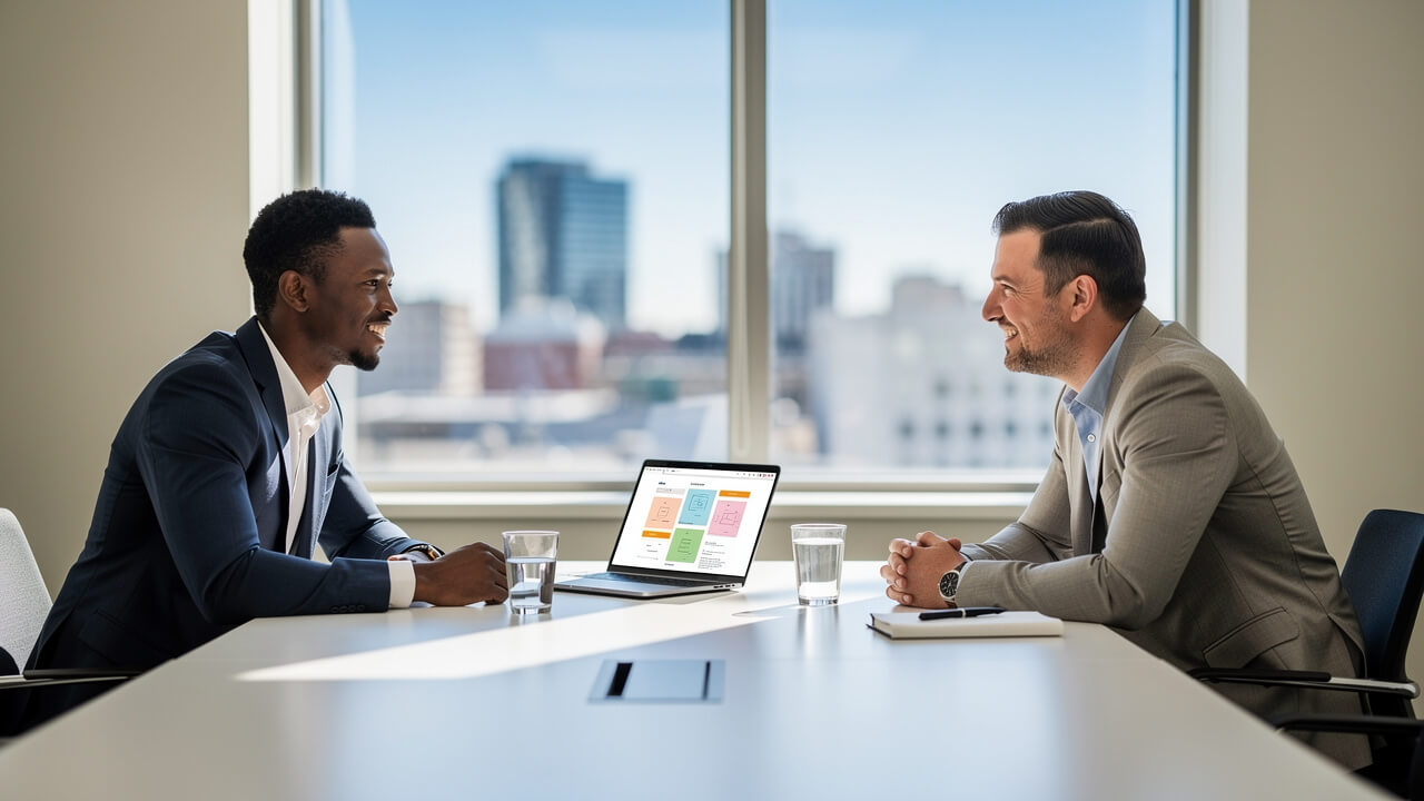 Business owner and digital marketing partner meeting in Edmonton boardroom