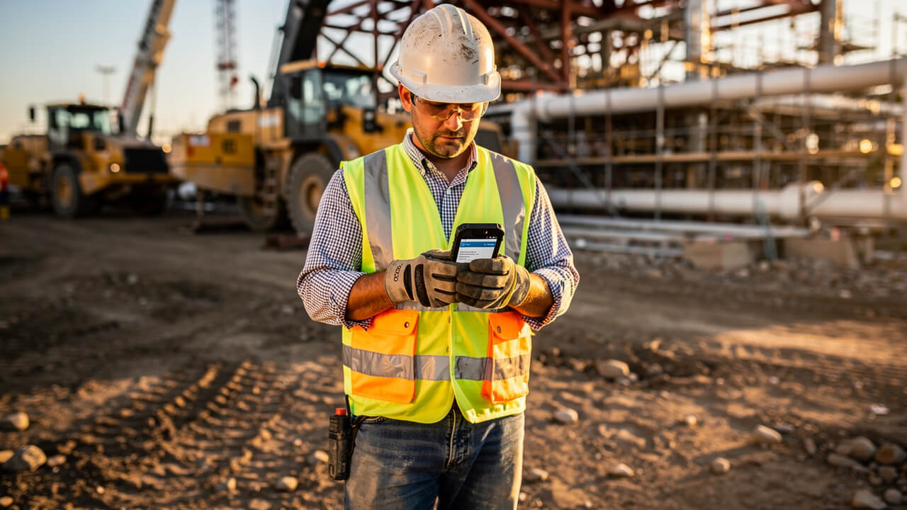 Industrial project manager reviewing landing page on mobile device