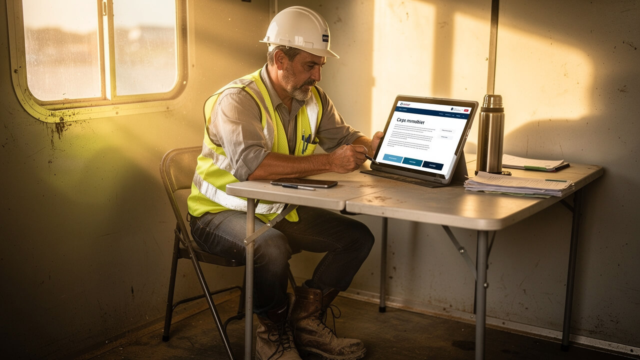 Industrial supervisor browsing accessible website on tablet at job site