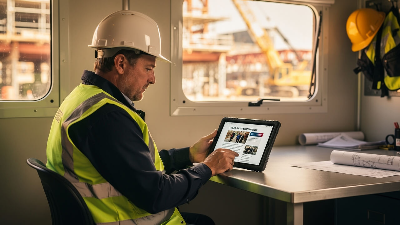 Alberta trades worker reading native ad content on tablet