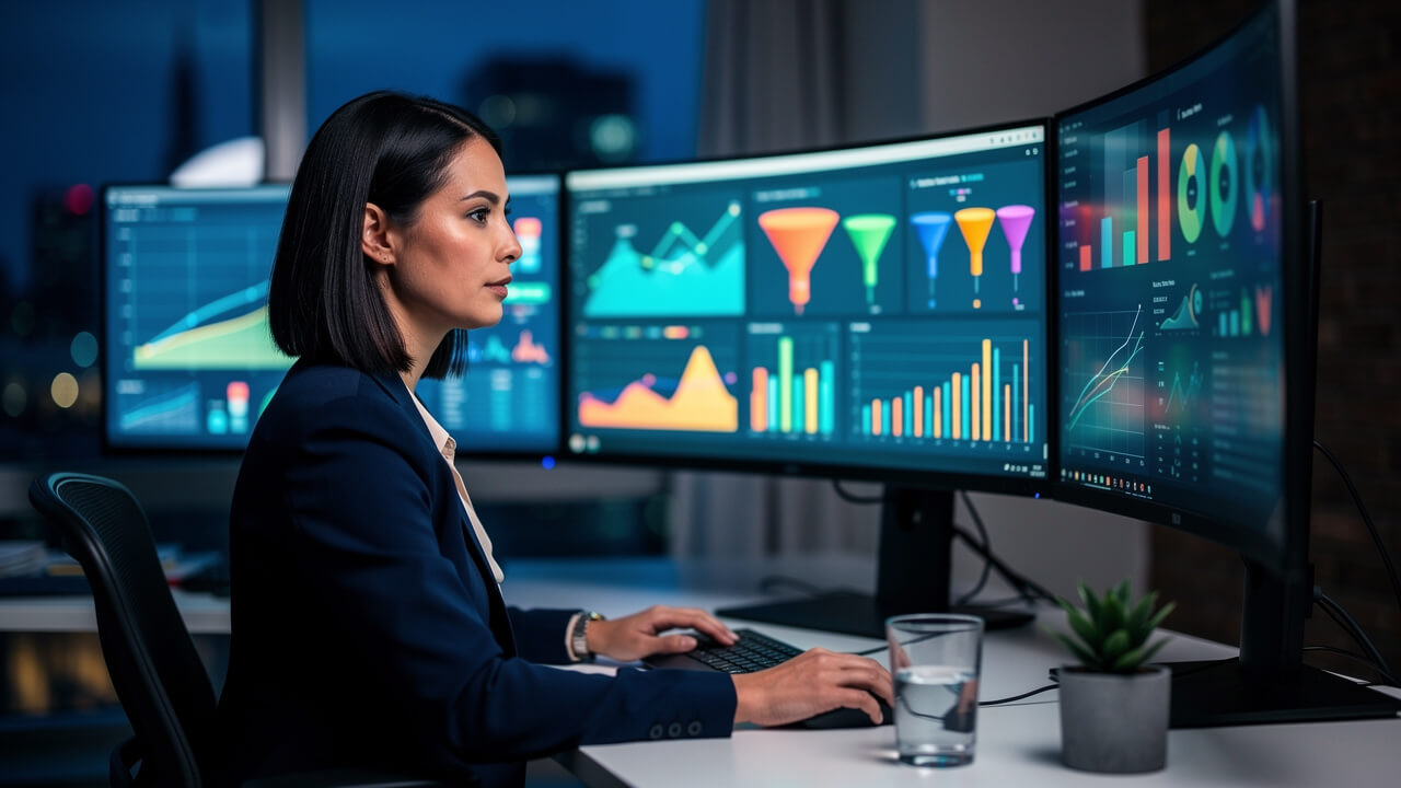 Marketing professional analyzing LinkedIn campaign ROI on monitors