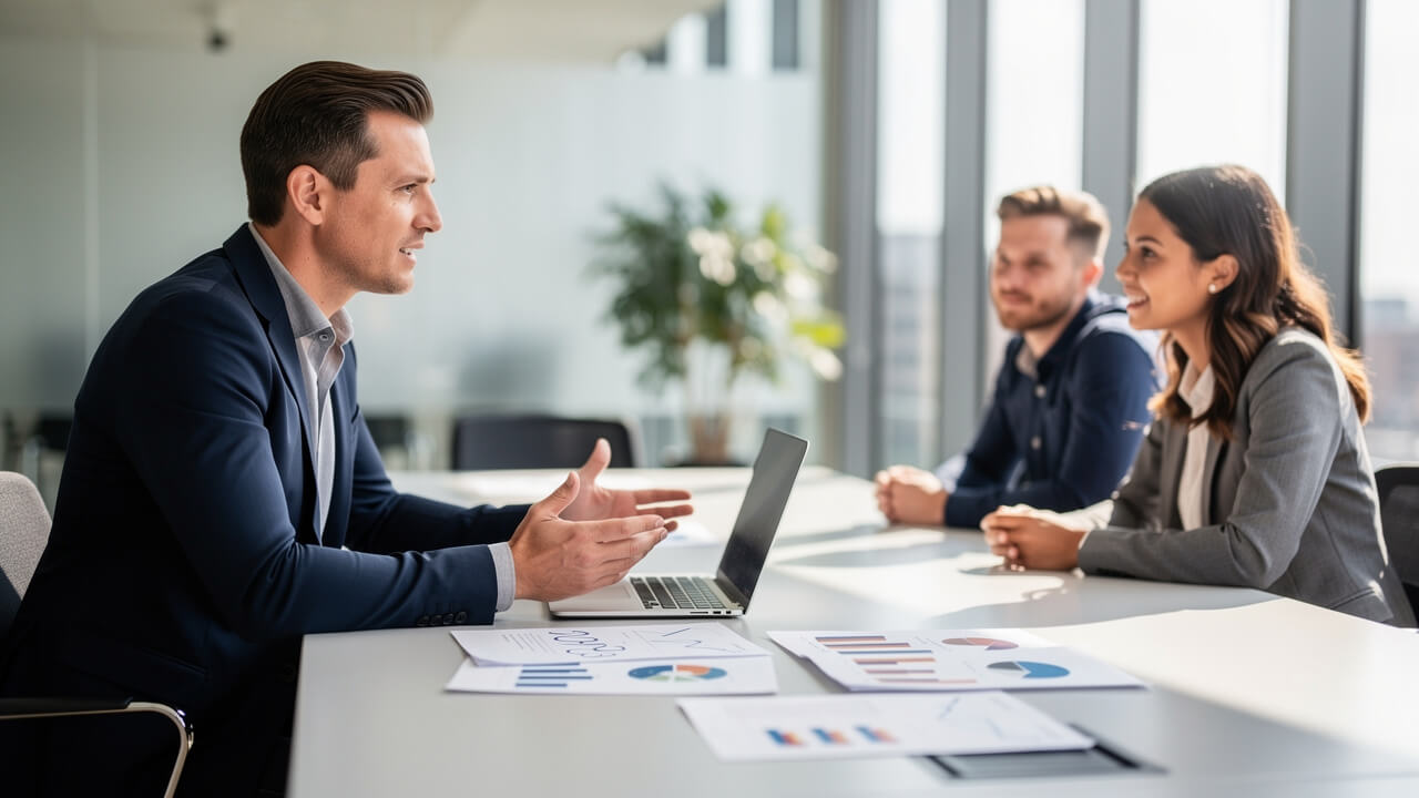 Marketing professionals discussing ad revenue strategy in boardroom