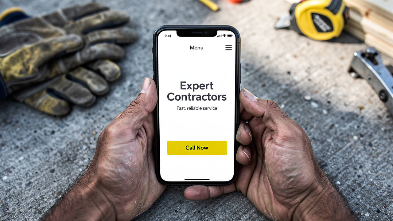 Tradesperson using mobile-friendly contractor website on smartphone at job site