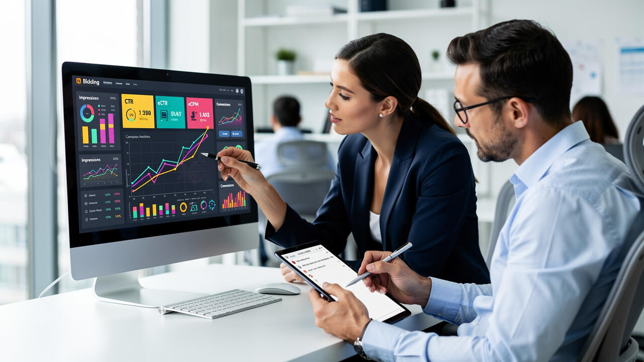 Digital marketing professionals reviewing programmatic ad platforms