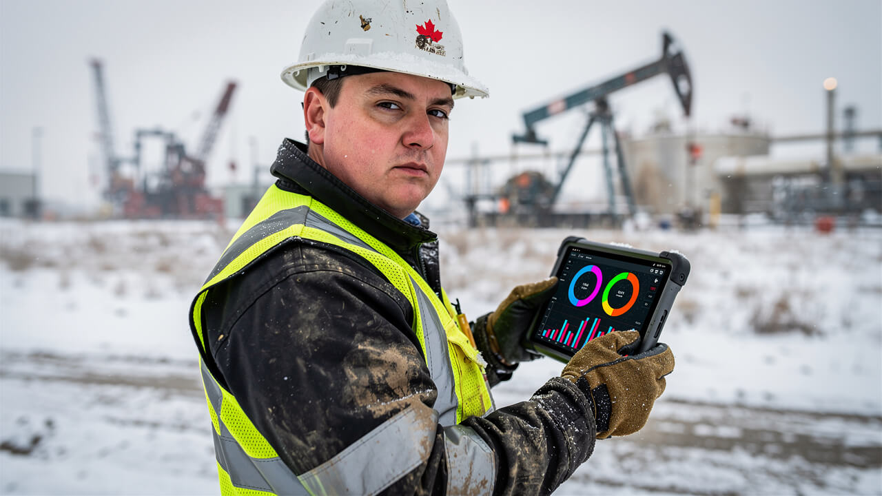 Alberta trades professional reviewing digital advertising data on tablet