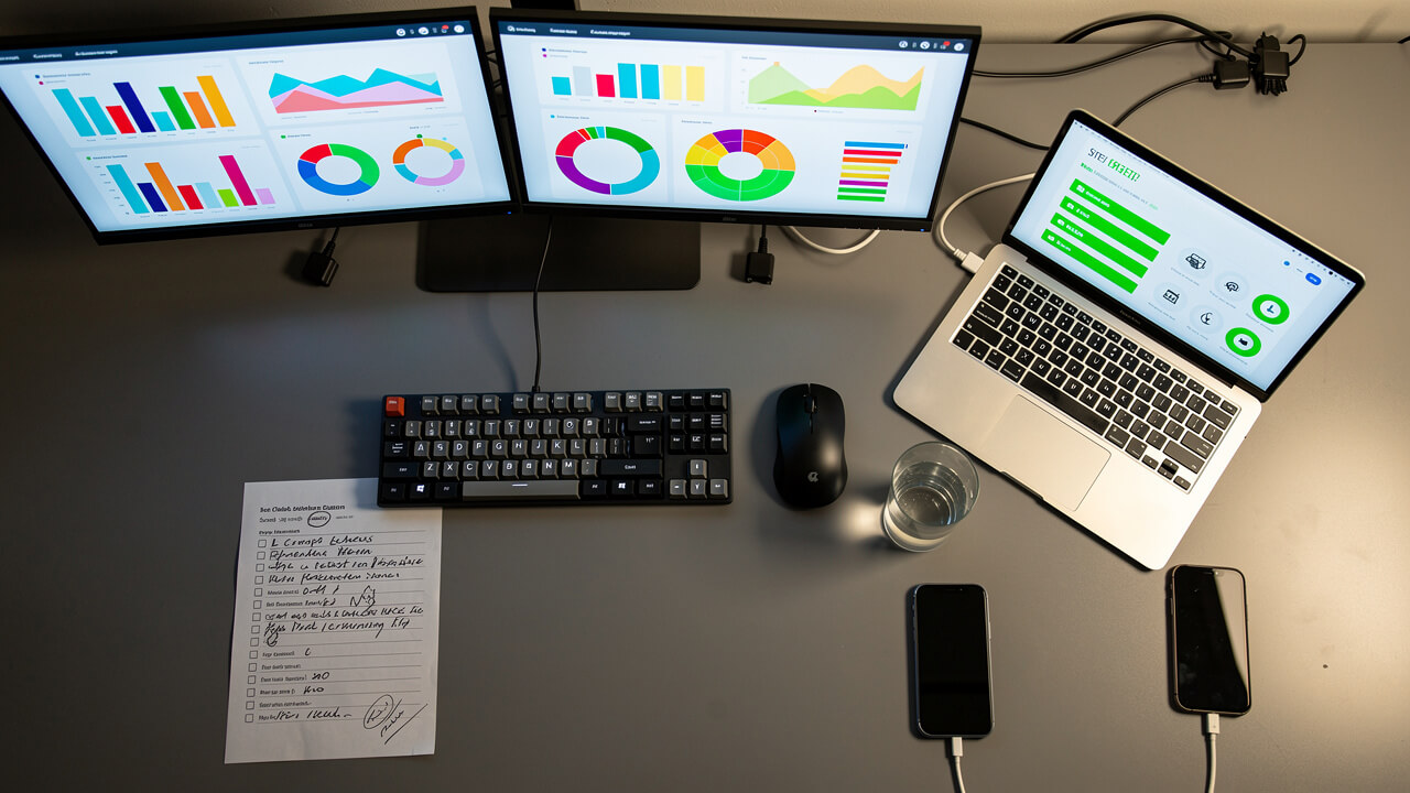 Web developer workstation showing site performance analytics and SEO tools