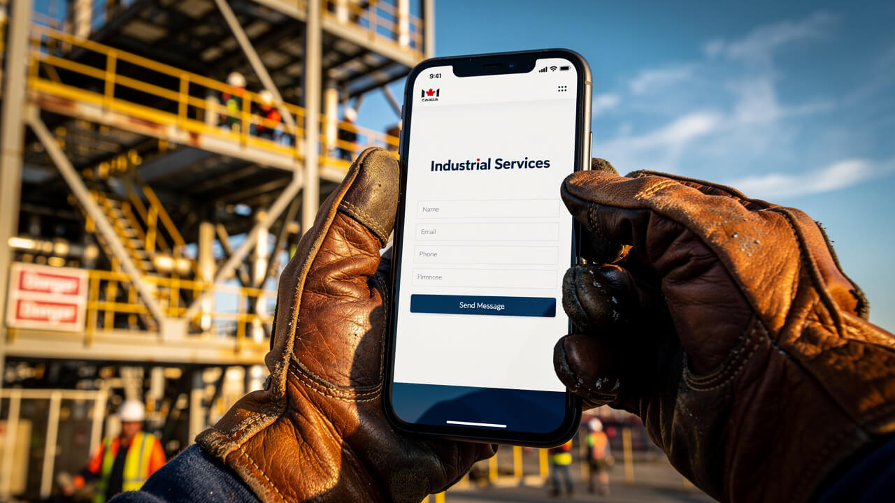 Trades business owner viewing website on mobile device at industrial site