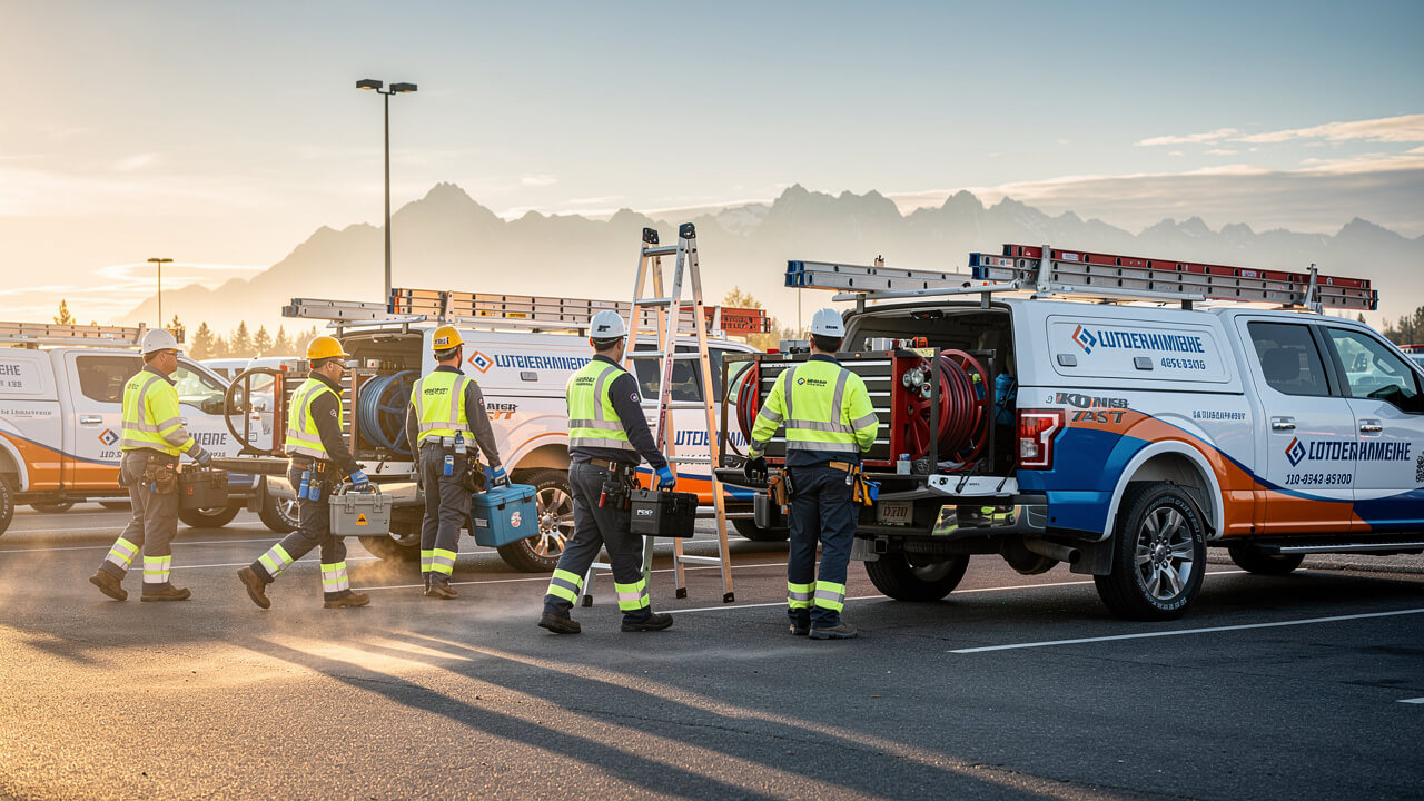 Professional trades crew with branded service trucks ready for work in Alberta
