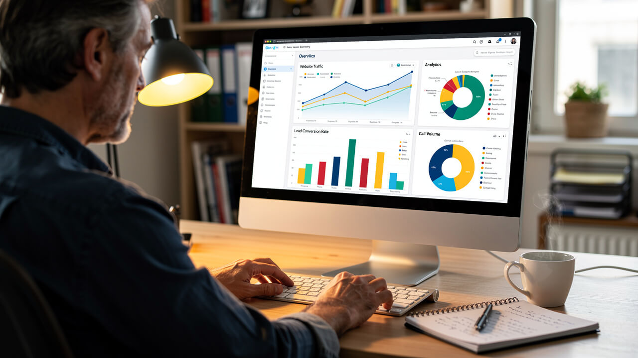 Contractor analyzing website lead generation metrics on desktop monitor