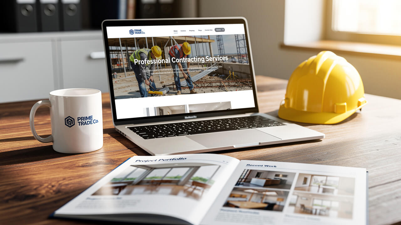 Trades business website displayed on laptop in professional office setting