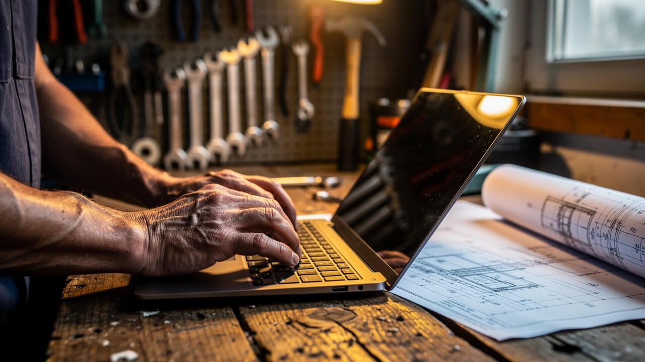 Trades professional crafting persuasive digital content at workbench