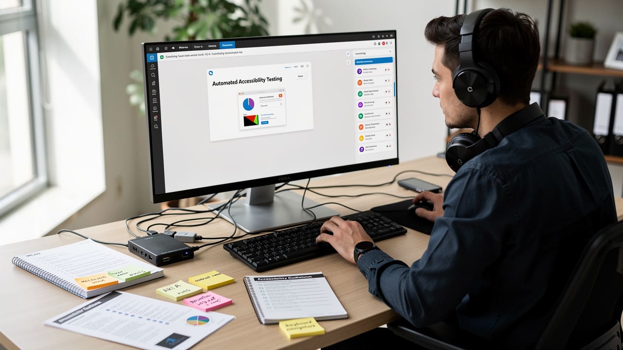 Developer conducting accessibility testing using automated tools and screen readers