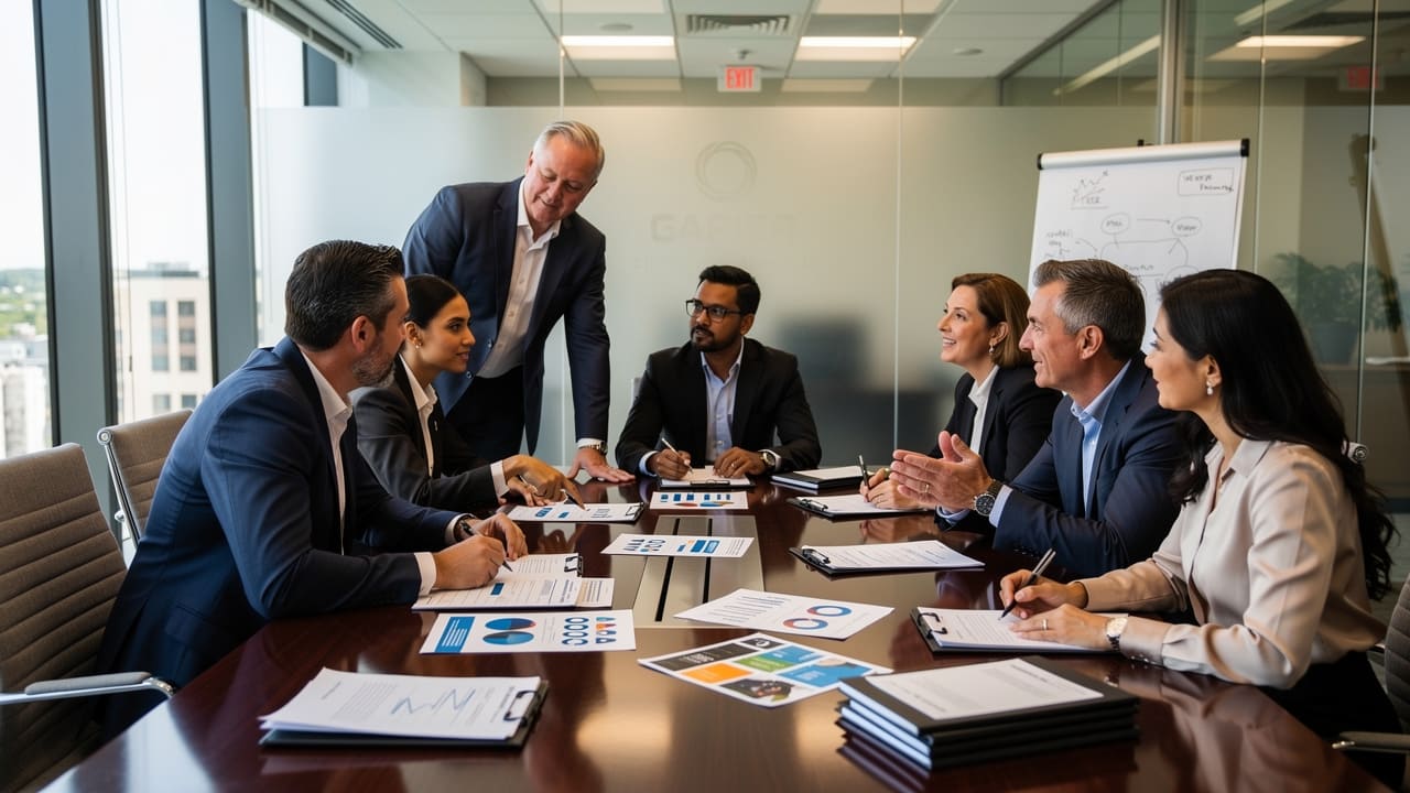 Business team reviewing marketing strategy and agency partnership agreement