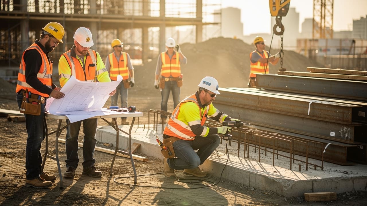 Construction workers actively building on a busy Alberta job site