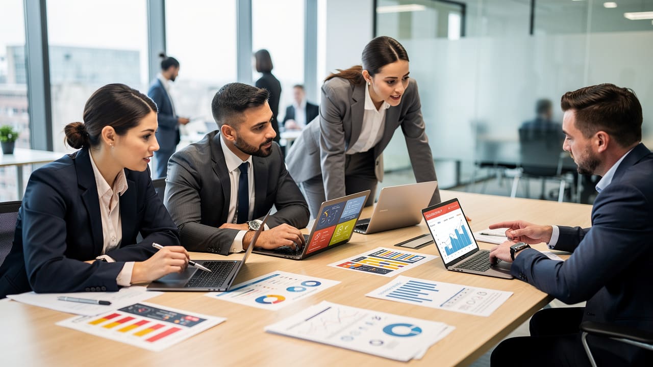 Marketing and sales team members collaborating on strategy and metrics