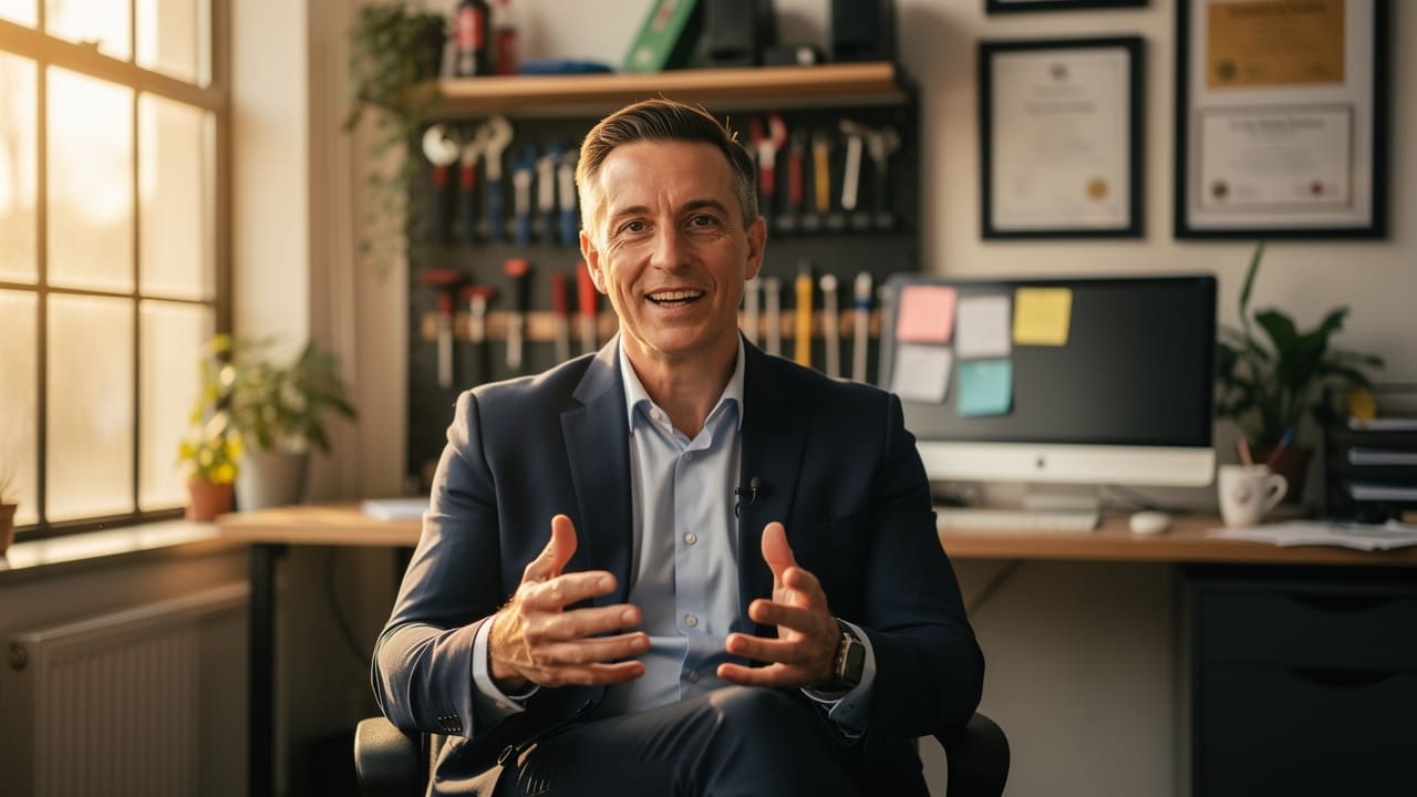 Real client providing genuine video testimonial in professional setting