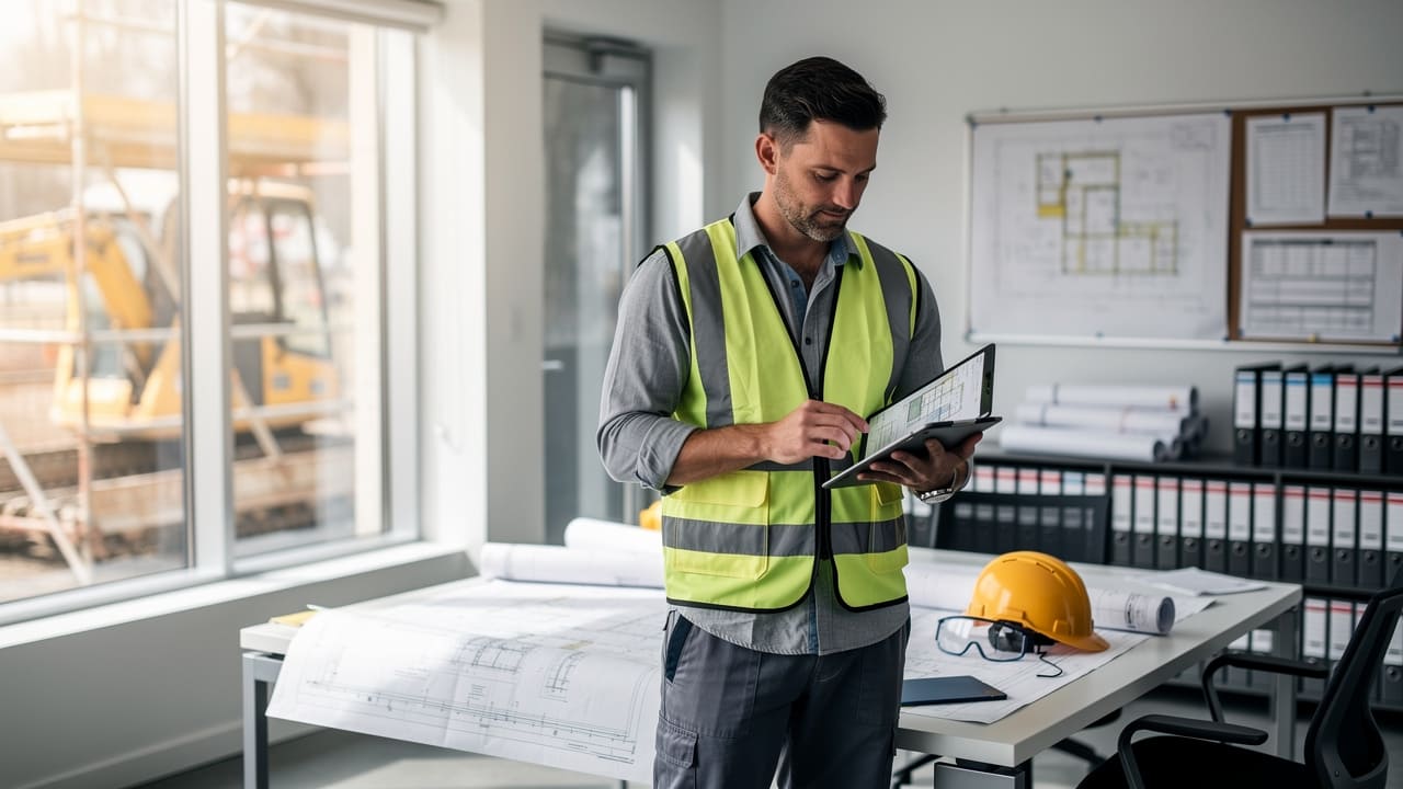Industrial manager reviewing project and lead information on digital device