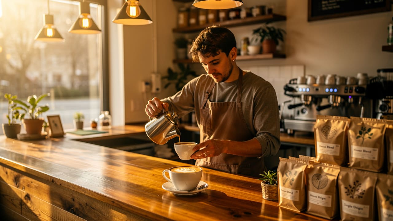 Barista pouring latte art in a cozy coffee shop