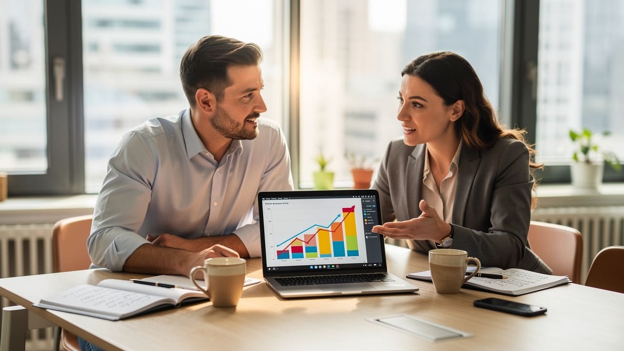 Business owner and consultant reviewing marketing growth data