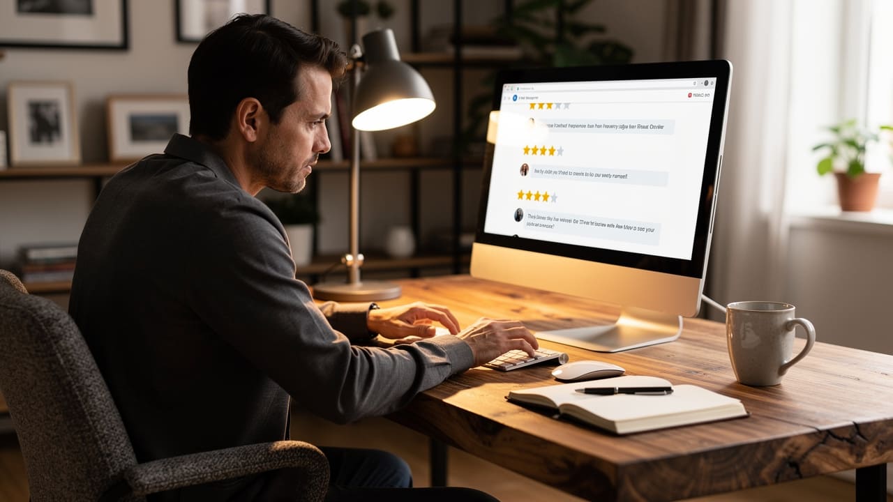 Business manager carefully responding to customer reviews at desk