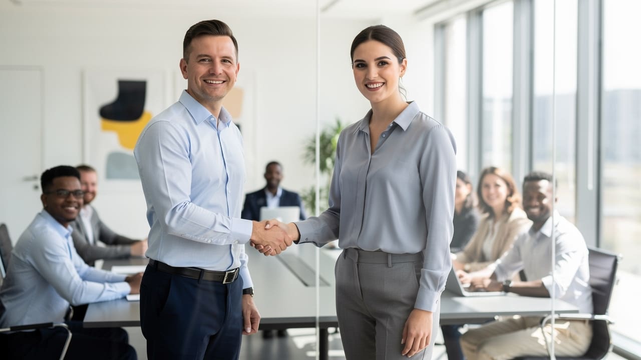 Business owner and web developer establishing professional partnership