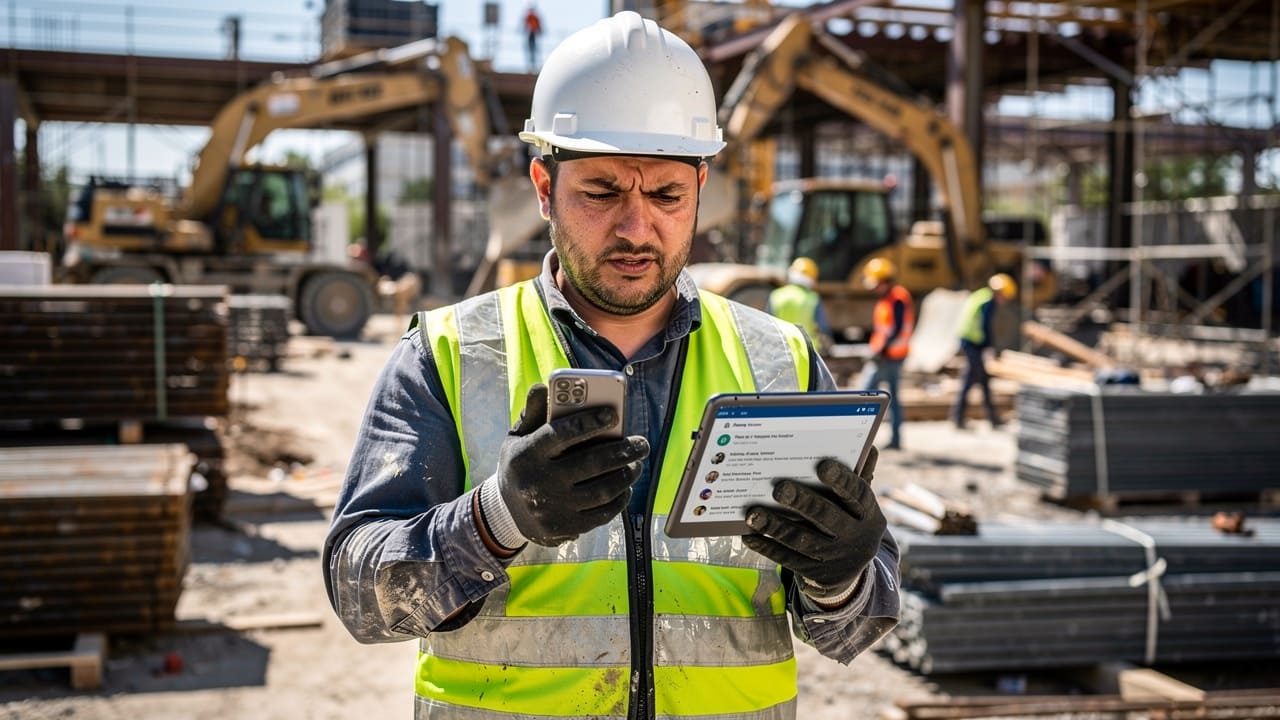 Busy construction owner juggling marketing tasks while managing job site operations