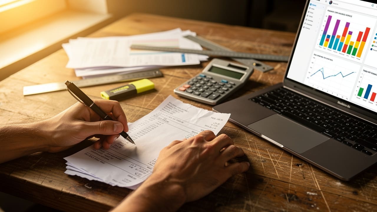Business owner calculating customer lifetime value from invoices