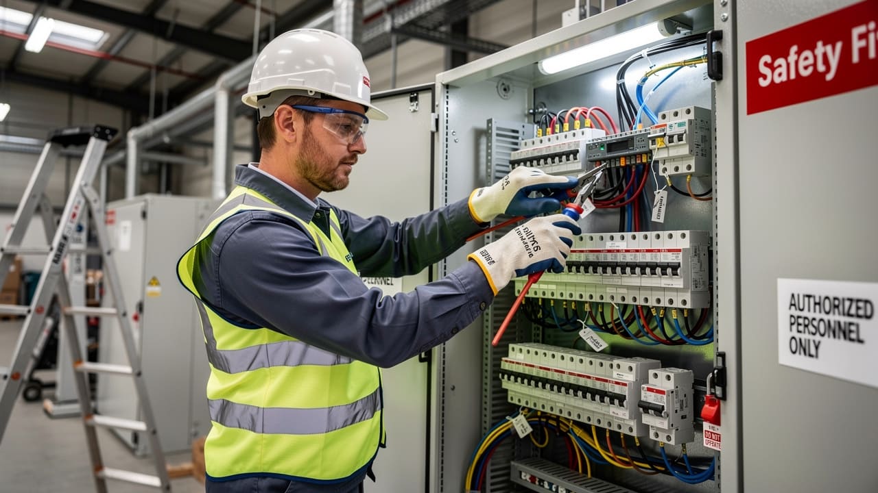 Licensed electrician performing professional commercial electrical installation