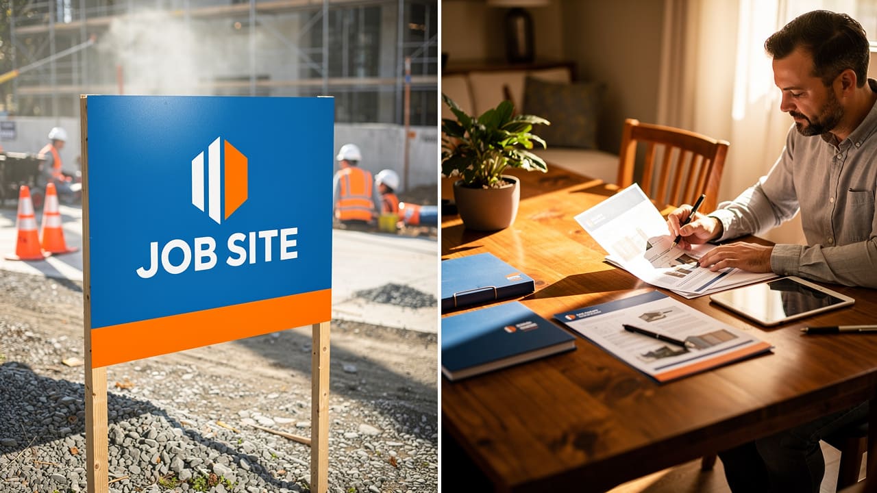 Construction branding integrating blue and orange across job site and client materials