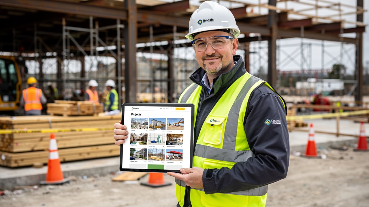 Construction owner viewing website portfolio on tablet at job site