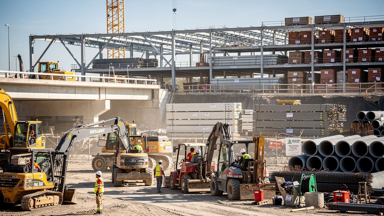 Construction site with heavy equipment and completed industrial projects
