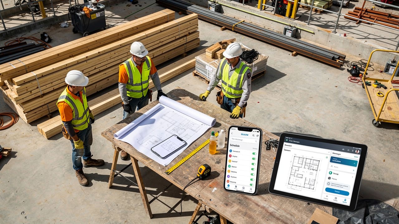 Construction team using integrated project management tools on-site