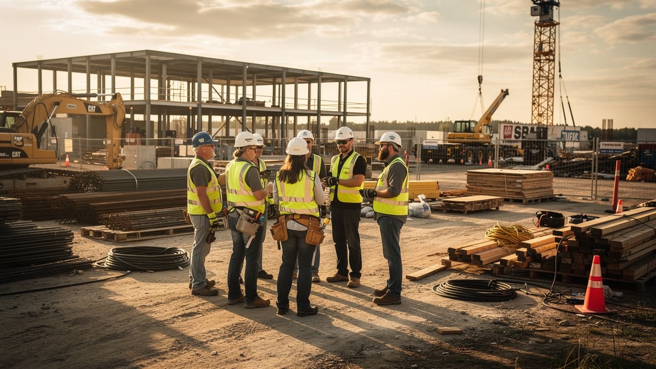 Construction workers on active job site with equipment