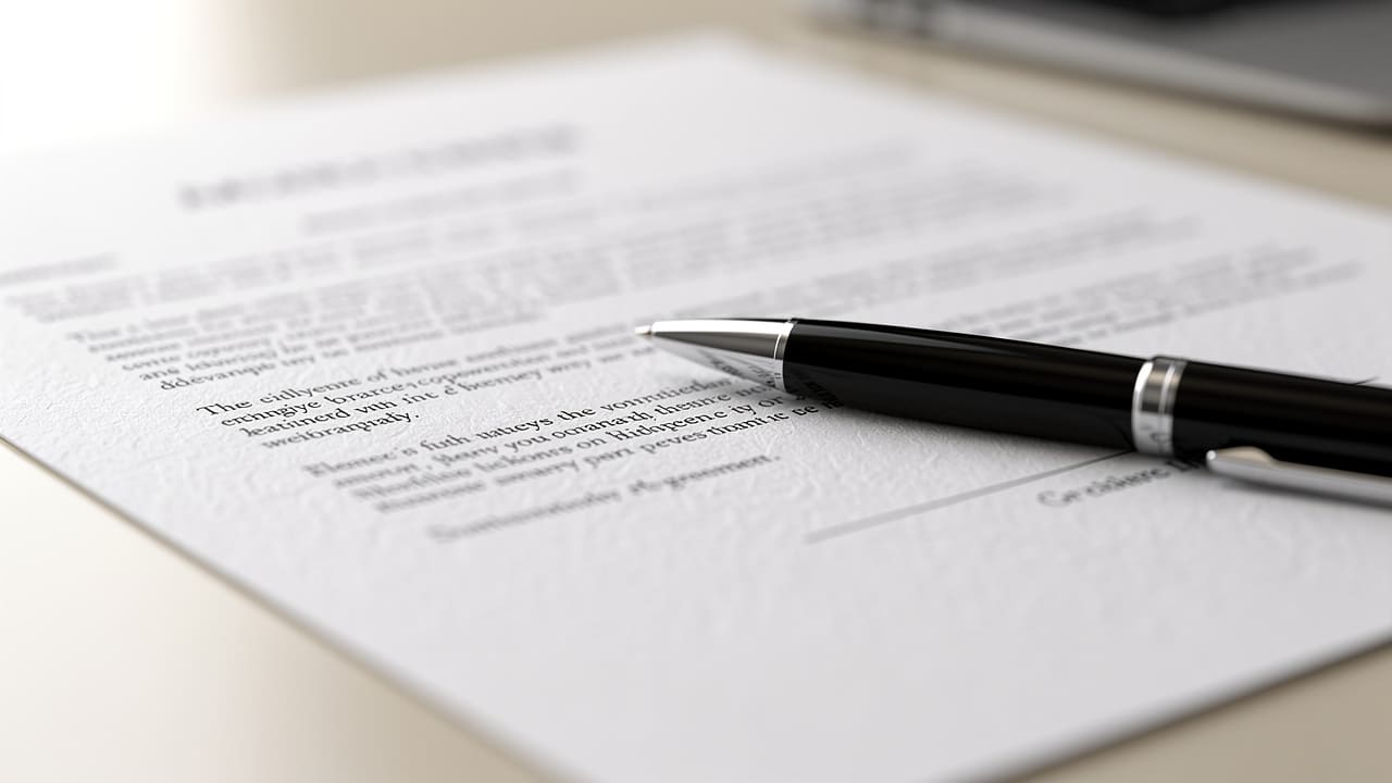 Close-up of contract document with pen ready to sign
