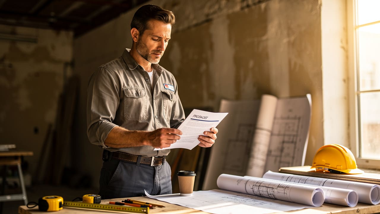 Contractor reviewing a business proposal at a desk