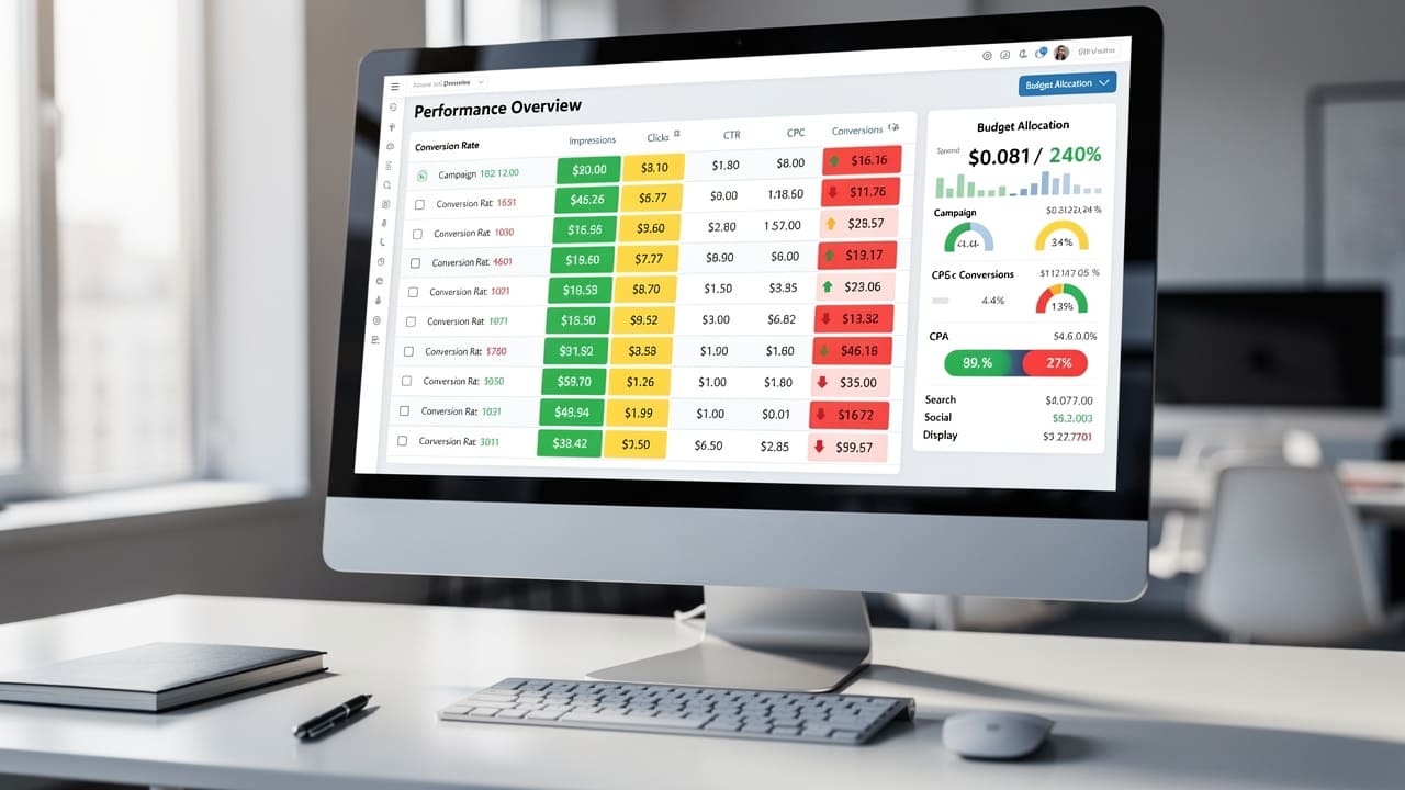 Spreadsheet dashboard showing conversion tracking data and performance metrics