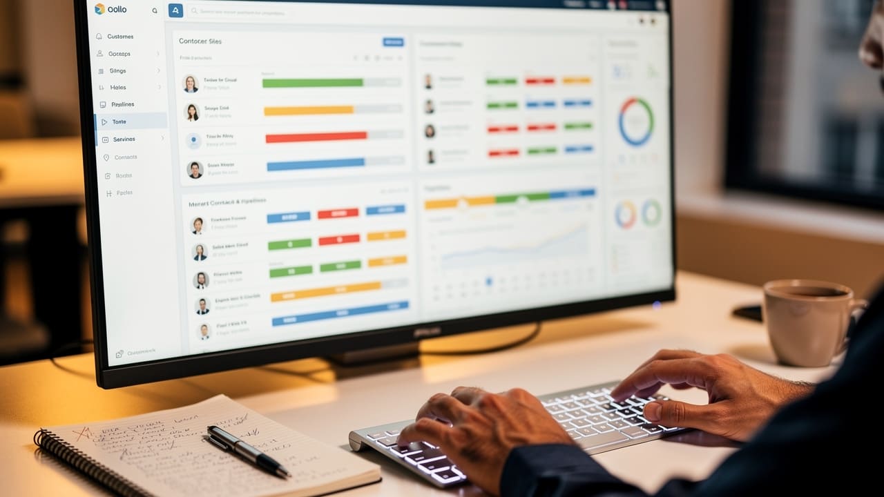 Professional reviewing customer relationship management data in a workspace