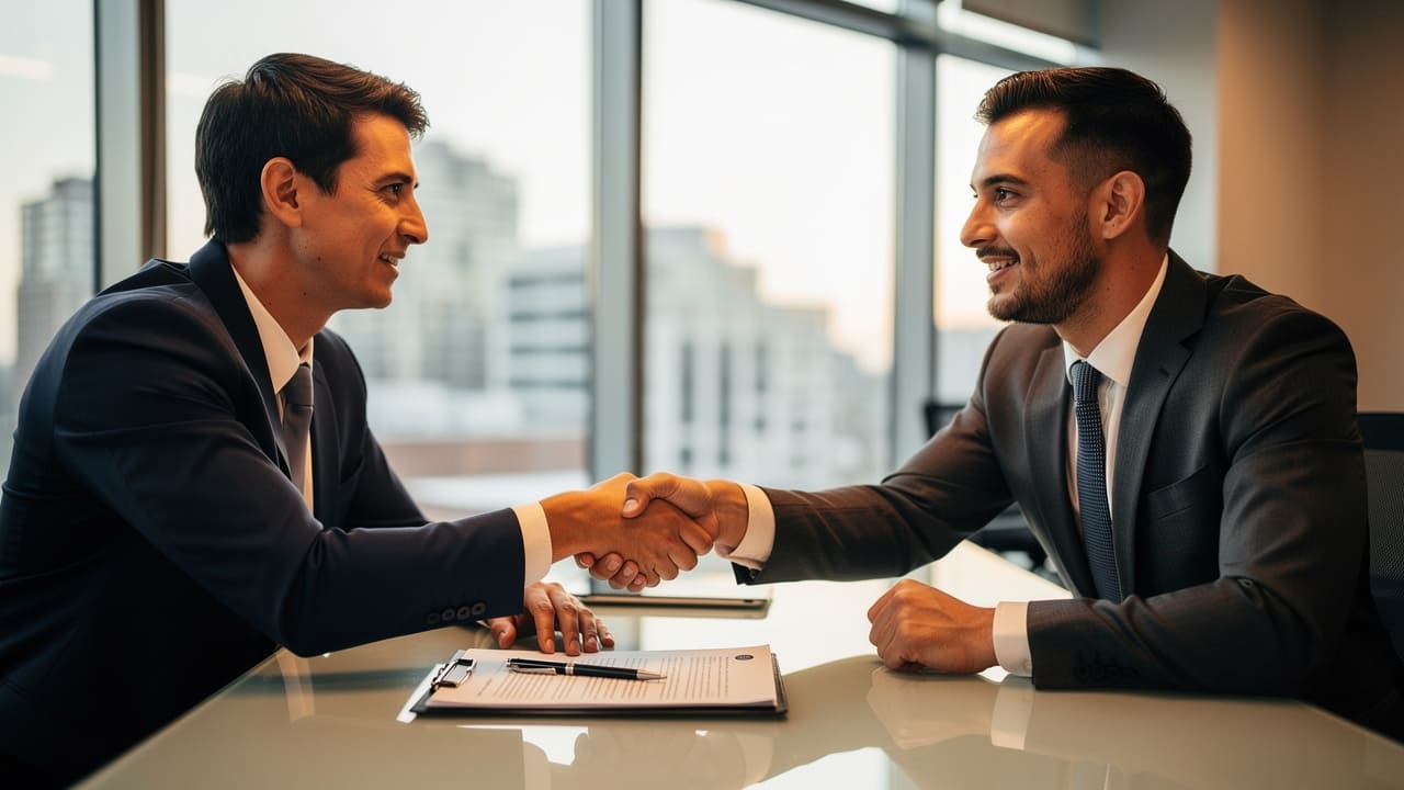 Two professionals in a decisive business conversation building trust