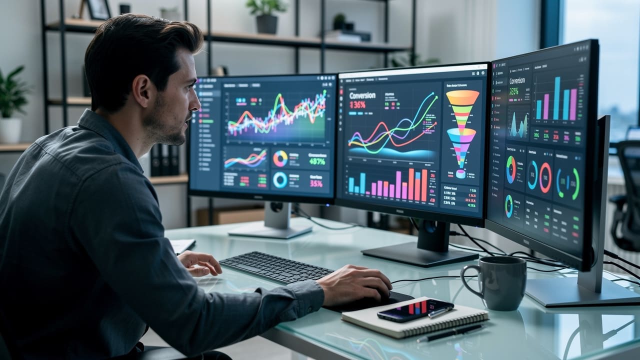 Marketing professional analyzing campaign performance metrics and ROI data