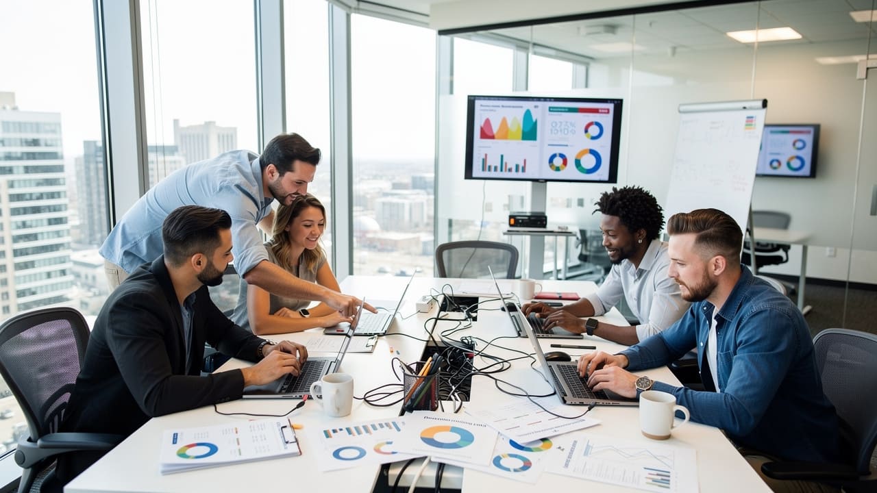 Marketing team reviewing analytics and strategy together in office