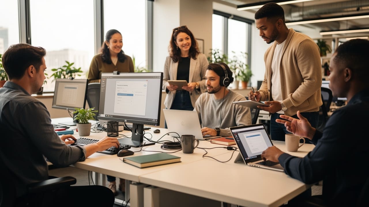 People with different abilities using computers and assistive devices at work