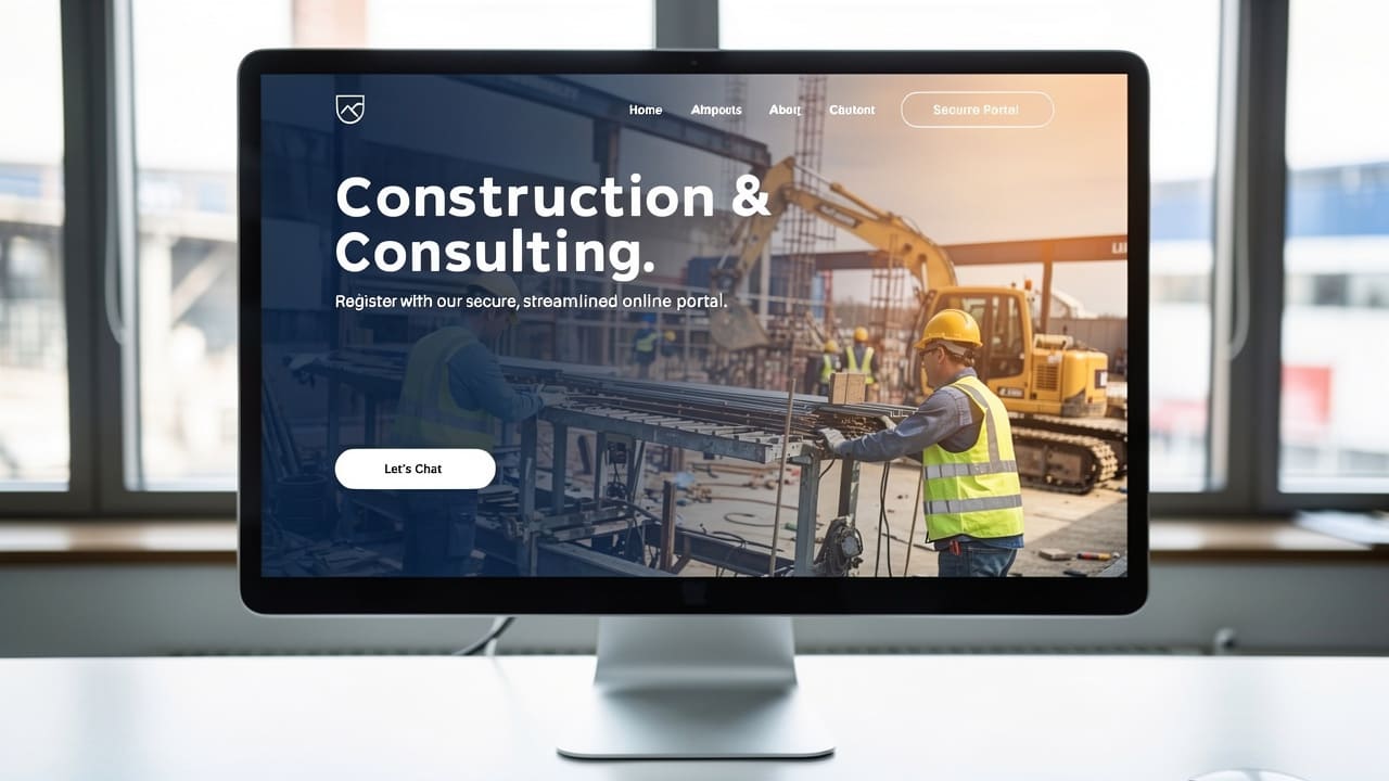 Website homepage for a construction and consulting company displaying hero content with a construction worker on site and a call-to-action button.