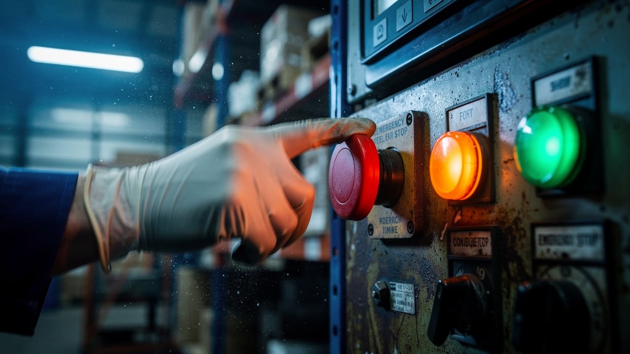 Technician responding quickly at industrial control panel