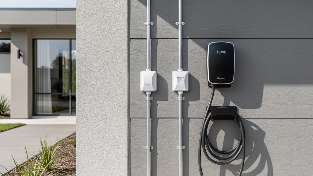 Completed EV charging station installation on residential garage wall