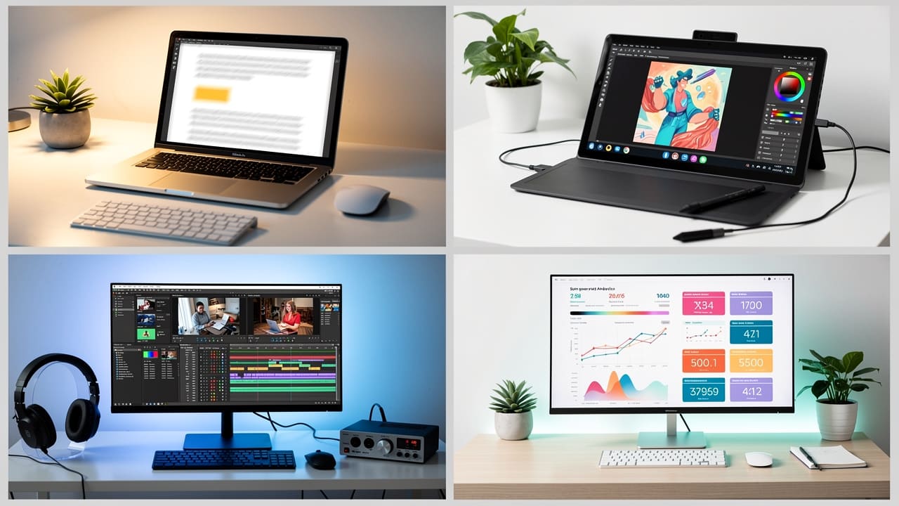 Four different AI content tool workstations representing writing, design, video, and optimization