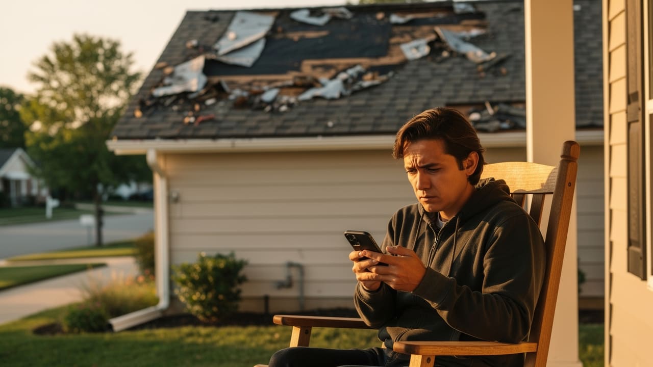 Homeowner searching urgently for roofing repairs after storm damage