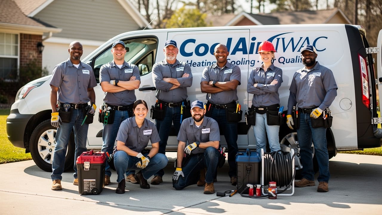 Professional HVAC team wearing uniforms standing near company service van