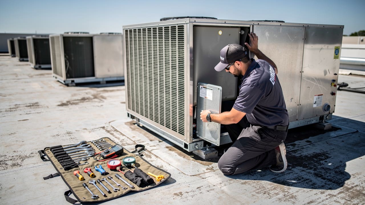 HVAC technician performing recurring maintenance service